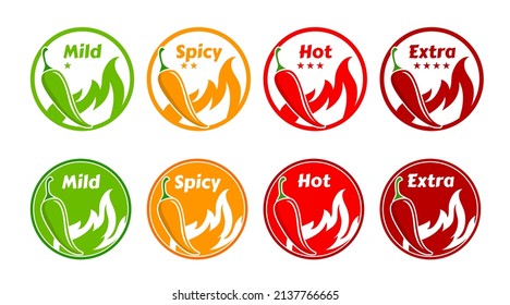 Spicy level labels with fire flames, chilli peppers and rating stars. Hot mexican food or sauce spicy taste rating vector stickers, cayenne pepper capsaicin levels mind, spicy and extra round signs