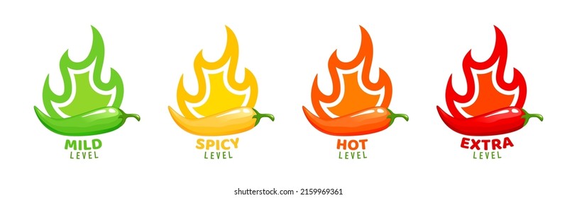 Spicy level labels with fire flames of peppers, mild, medium and extra hot vector symbols. Spicy food taste level or scale icons with burning flame of chili pepper, jalapeno or Tabasco sauce