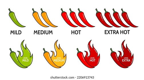 Etiquetas de nivel picante. Tabasco caliente o salsa de ketchup, harina picante suave, media caliente y extra niveles símbolos vectoriales, indicadores o emoticones con chiles flameantes verdes, naranjas y rojos o jalapeno