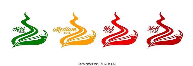 Spicy level labels and icons of pepper and fire flames, vector spicy flavor scale. Green mild, yellow medium and red extra hot symbols of chili or jalapeno pepper and Tabasco sauce