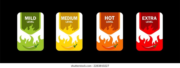 Spicy level labels of pepper with fire flames, vector mild, medium and extra hot taste. Spicy flavor level labels or stickers for package with burning flame of chili pepper, jalapeno or tabasco sauce