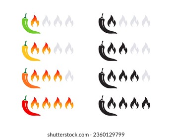 Spicy level labels. Product spicy degree symbols. Spicy badges types. Vector scalable graphics