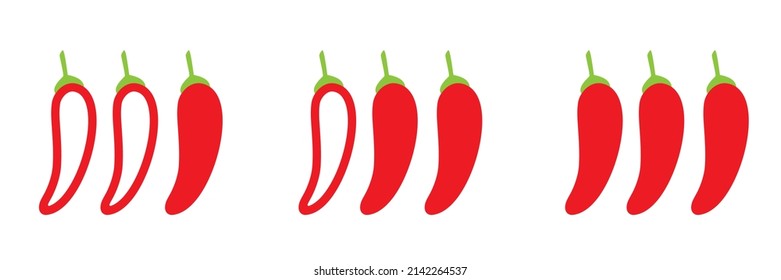 Spicy level marks. Chili level meter icons set. Red hot chili pepper. Mild, spicy, hot, extra hot meter. Stock vector illustration isolated on white background.