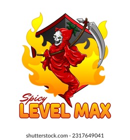 Spicy level max icon with grim reaper chili character mascot design. best for your food business asset.