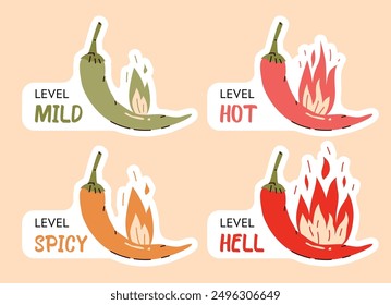 spicy level meter. chili pepper scale. vector stickers isolated. flat hand drawn illustration. editable stroke