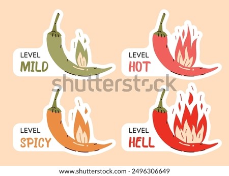 spicy level meter. chili pepper scale. vector stickers isolated. flat hand drawn illustration. editable stroke