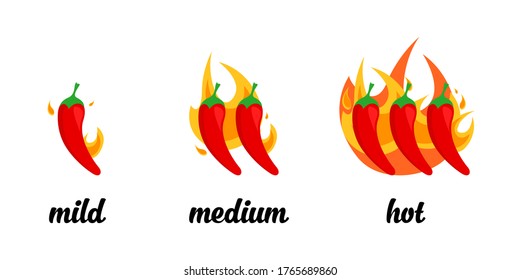 Spicy level pepper, hot chilli mild and medium rating, burning food illustration