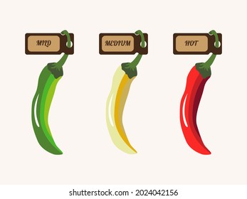 Spicy level scale. Chili pepper hotness rating indicator. A  saturation level of paprika from mild to extra hot. Asian and mexican fast food with red sauce. Extra, mild, hot, medium. Vector 