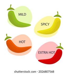 Spicy level scale. Chili pepper hotness rating indicator. A  saturation level of paprika from mild to extra hot. Asian and mexican fast food with red sauce. Extra, mild, hot, medium. Vector 