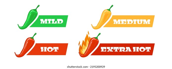 Spicy level scale, mild medium hot and extra hot meter, red chili pepper symbol for menu, sauce, noodles. Mexican and asian food recipe. Spice taste fastfood labels, vector illustration.