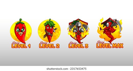 Spicy level set icon with baby, warrir, armored knight and grim reaper chili character mascot design. best for your food business asset.