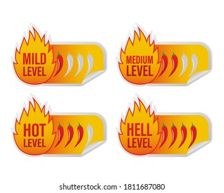 Spicy level sticker on white background. Vector illustration design. Burning hot.