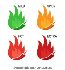 Spicy levels chili pepper vector icon. Mild, spicy, hot, extra sauce badge set. Food illustration