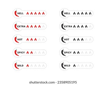 Spicy levels icons set. Hot natural chili pepper symbols. Spicy and hot. Vector illustration