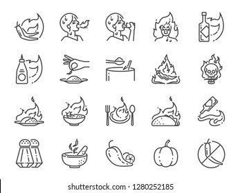 Spicy Line Icon Set. Included The Icons As Tom Yum Kung, Chili, Ghost Pepper, Seasoning, Flavor, Hot And More.