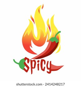 spicy logo with chili peppers and fire