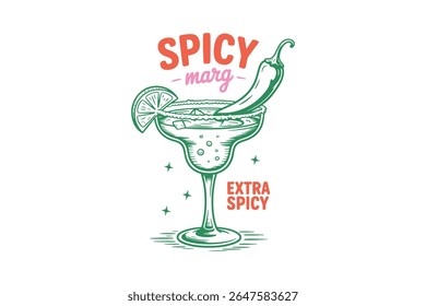 Spicy Marg Trendy desenhado à mão coquetel beber ilustração com cal e chili T Shirt Design	