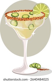 Spicy Margatrita with Salt Rim, Jalapeños and Lime Garnish. Mexican Cocktail Vector Art