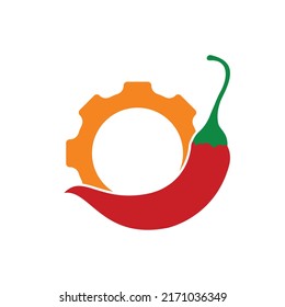 Spicy mechanism vector logo concept. Chili gear logo design template.	