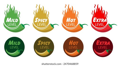 Spicy meter level of food with pepper and fire flame. Mild, spicy, hot and extra level