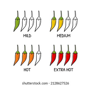 Spicy meter. Spice level marks - mild, medium, hot, extra hot. Chili peppers in doodle sketch style. Vector hand drawn illustration isolated on white background.