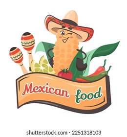 Spicy Mexican food concept. Cute comic character yellow corn with sombrero, maracas, vegetables. Doodle drawn vector illustration for dishes, menu, poster, flyer, banner, delivery, cooking concept 