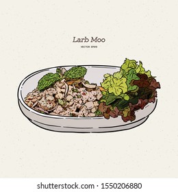 Spicy Minced Pork Salad (Larb Moo) Thai food, hand draw sketch vector.