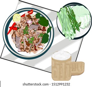 Spicy minced pork(Larb), sticky rice, fresh vegetables, yardlong beans, spring onions, coriander,traditional Spicy Minced Meat Salad,northeastern Thai food, a popular taste of Thailand