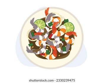 Mezcla picante de ensalada de camarón cocida y cruda. Ensalada tailandesa de camarón con salsa de pescado. La comida es deliciosa. La comida tailandesa. Vista superior. ilustración vectorial de dibujos animados