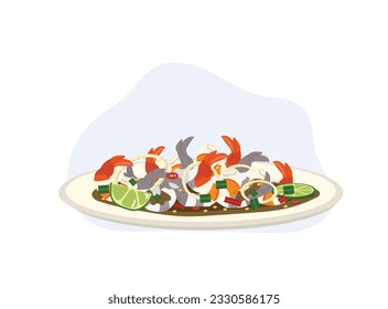 Spicy mixing cooked and raw Shrimp Salad. Thai Shrimp salad in pickle Fish Sauce. Delicious food. Thai food. cartoon vector illustration