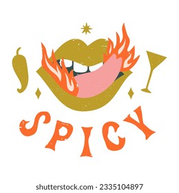 spicy with mouth, tongue and flames logo vector illustration, Design element for logo, poster, card, banner, emblem, t shirt. Vector illustration