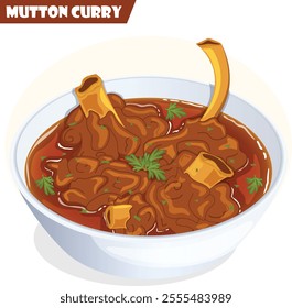 Spicy Mutton Curry or Kosha Mangso Bowl Garnish with Cilantro. Authentic Indian Cuisine Detailed Illustration.