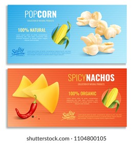 Spicy nachos and fried maize horizontal banners with realistic corn cob, blue orange background, isolated vector illustration
