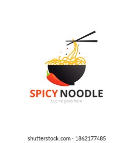 Spicy Noodle logo concept. Black bowl with chopsticks. Japanese template vector
