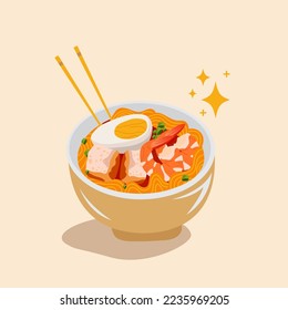 Spicy noodle soup with egg and shrimp tofu vector illustration