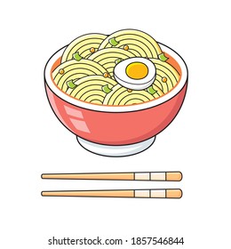 Spicy noodles ramen or ramyun soup with half egg bowl and chopsticks isolated cartoon vector