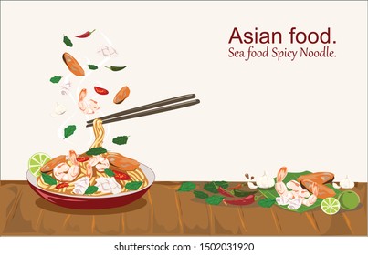 Spicy Noodles with seafood in plate and pair of chopsticks.Vector illustration.