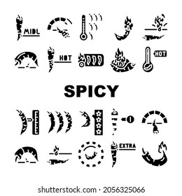 Spicy Pepper Different Scale Icons Set Vector. Burning Cayenne Spice Pepper Flavoring For Measuring Cooked Dish Line. Extra, Hot And Middle Spiced Meal Vegetable Glyph Pictograms Black Illustrations