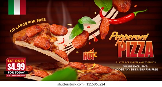 Spicy pepperoni pizza with stringy cheese and basil elements on red brick wall background, 3d illustration