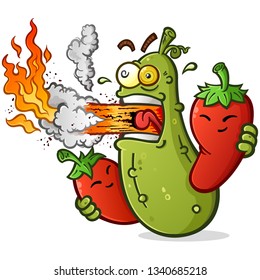 Spicy Pickle Cartoon with Hot Peppers Breathing Fire