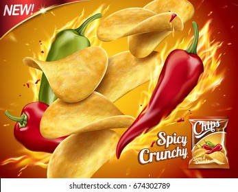 Spicy potato chips ad, chips with burning chillies in 3d illustration