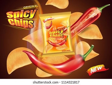 Spicy potato chips burning on fire ads, Chips with chillies flavor design elements, Vector realistic 3d illustration, of free space for your copy and branding. Food concept.