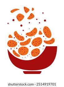 Patatas fritas picantes volando hacia el tazón rojo con una pizca de condimento de chile. Ilustración vectorial de logotipo de icono de papas fritas. Caricatura de comida chatarra.