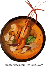 spicy prawn soup thai food, watercolor style.