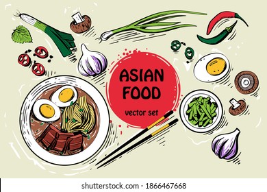 Spicy ramen and ingridients of asian traditional cuisine: chilli  pepper; garlic; onion; shiitake mushrooms; perilla leaves, leek. Noodle soup with chopsticks. Food vector in cartoon style. Top view