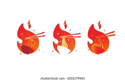 spicy ramen noodle design illustration. ramen menu logo template with bowl and hot fire. asian food logo stock vector illustration