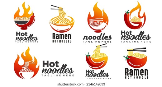 Spicy Ramen Noodle Icon Set Logo Design Illustration With Bowl,chili And Hot Fire.