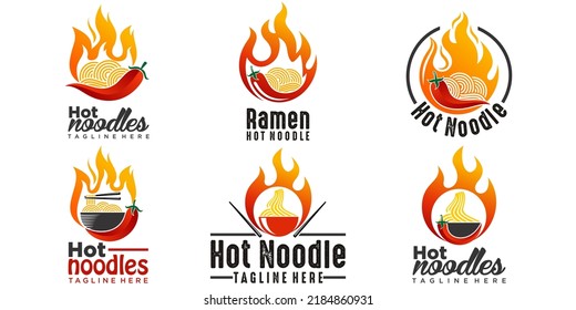 Spicy Ramen Noodle Icon Set Logo Design Illustration With Bowl,chili And Hot Fire.