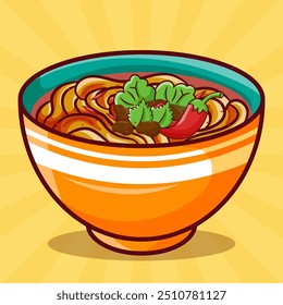 Spicy Ramen Noodles in a Bowl with Chili Topping, Vegetables and Minced Meat. Food Object Concept with Retro or Vintage Background