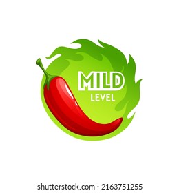 Spicy rating sticker, mild level of habanero or jalapeno cayenne ketchup flavour, cartoon sticker. Vector indicator of spicy sauce, asian cuisine seasoning condiment, flavoring fiery taste of snack